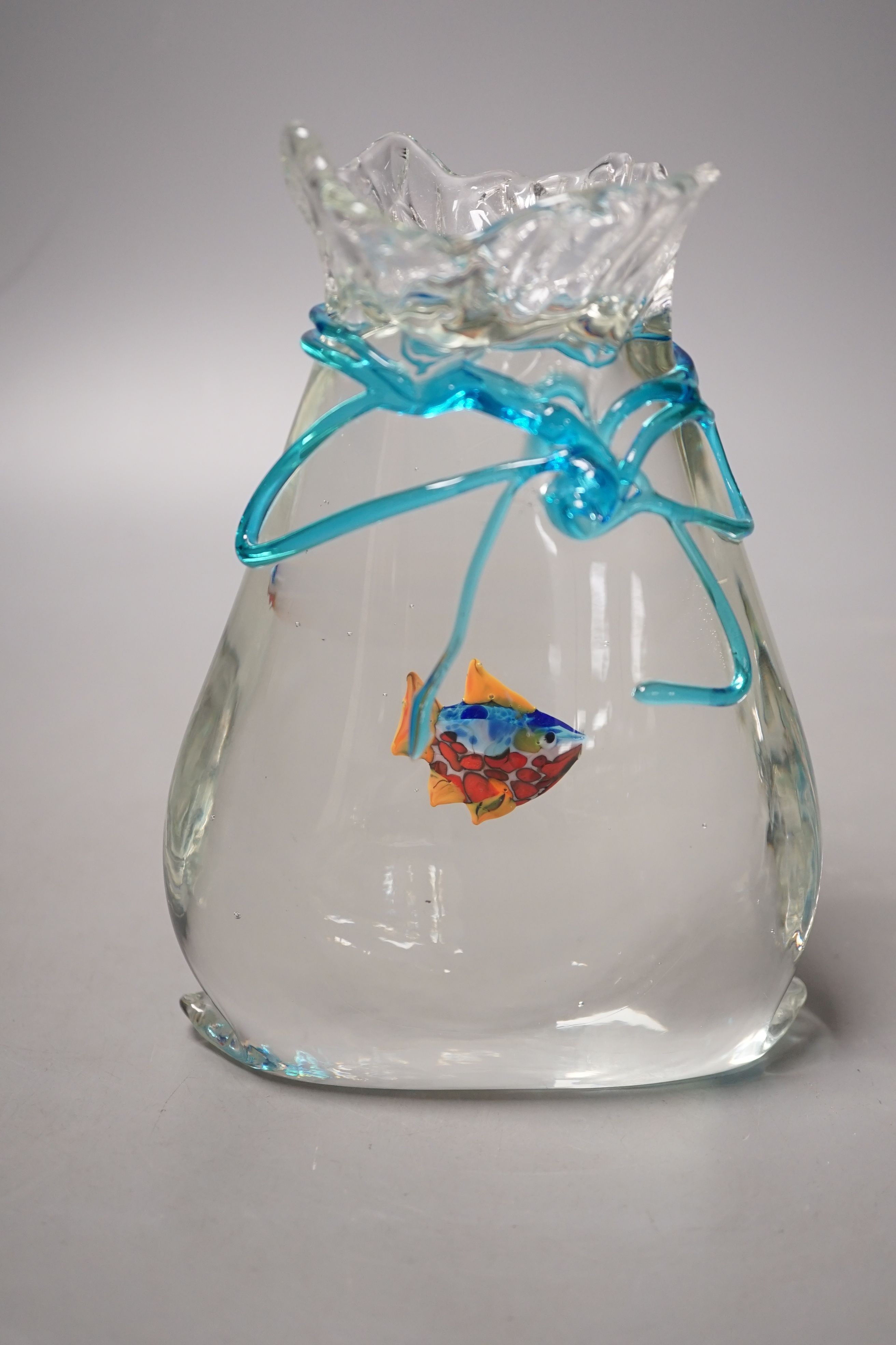 A signed Scagnetti Aldo ‘fish in a bag’ lampwork glass paperweight - 17cm tall